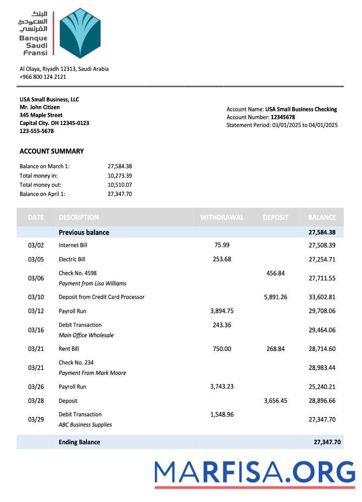Downloadable Saudi Arabian Banque Saudi Fransi organization checking account statement Word and PDF template